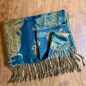 PASHMINA Teal Gold Turquoise Reversible Paisley Feather Pattern Silk Blend Scarf